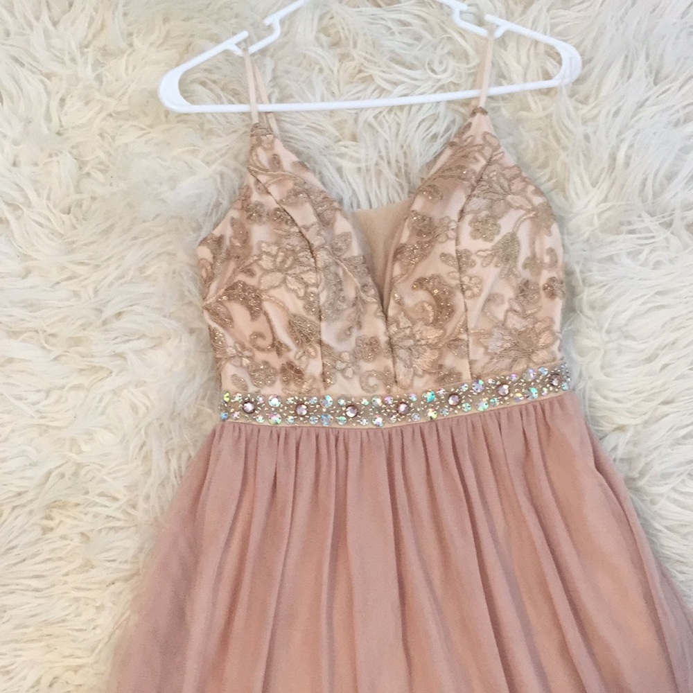 Champagne colored prom dress.